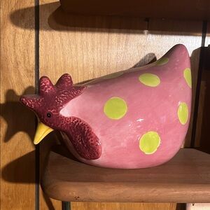 Vintage Whimsical Pink and Green Polka Dot Ceramic Chicken